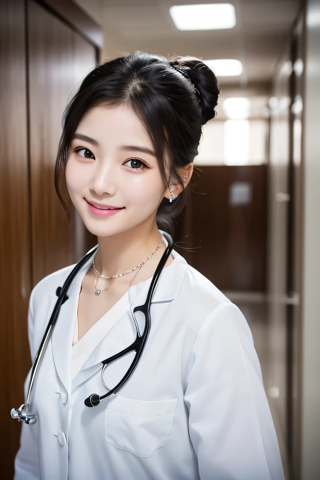 Beautiful young woman、 Korean women、Black Hair、Necklace around the neck、White、Stethoscope、Hairstyle bun、smile、Open your mouth a little、Intricate details, Very detailed:1.2), 、 Looking into the camera,The background is the corridor of the hospital.、ear piercing
