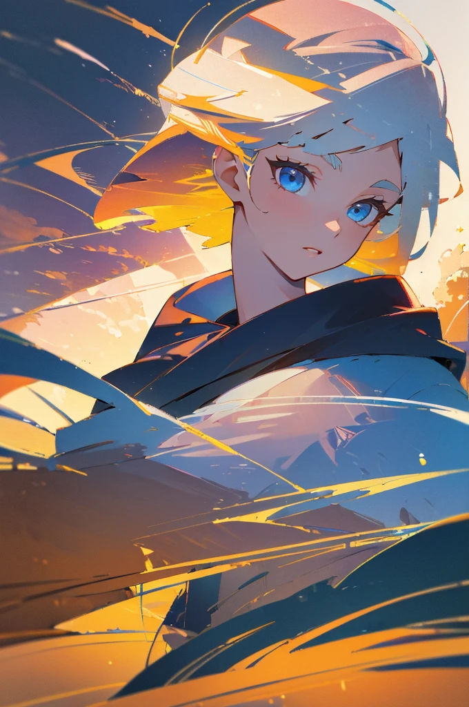 ((masterpiece:1.2, Best quality)), 4k, adult, European face, 1 person, female, Beautiful, very tall, dark casual wear, White skin, medium white hair, Blue eyes, portrait, sunset,