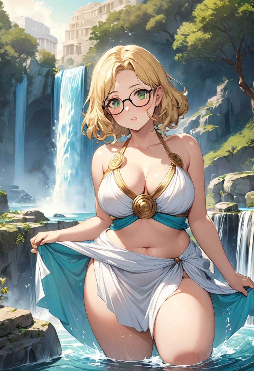 chubby girl, Blonde with green eyes, medium length hair, open forehead, round facial features, glasses with black square frames 
Greek goddess, Greek style of dress, ancient Greece,sexy, open hips, open breasts 
water, waterfall, antiquity 