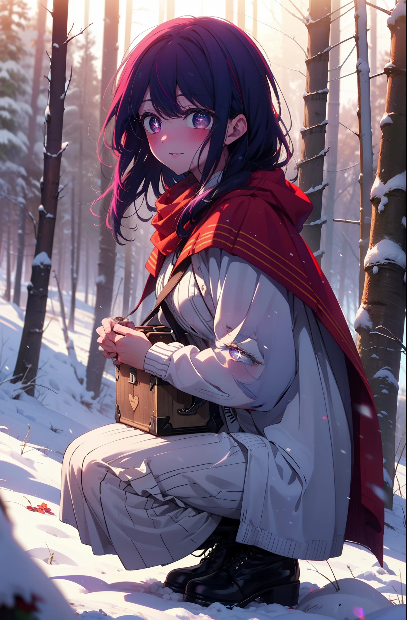 aihoshino, Ai Hoshino, Long Hair, bangs, (Purple eyes:1.1), Purple Hair, (Symbol-shaped pupil:1.5), smile,,smile,blush,White Breath,
Open your mouth,snow,Ground bonfire, Outdoor, boots, snowing, From the side, wood, suitcase, Cape, Blurred, , forest, White handbag, nature,  Squat, Mouth closed, Cape, winter, Written boundary depth, Black shoes, red Cape break looking at viewer, Upper Body, whole body, break Outdoor, forest, nature, break (masterpiece:1.2), Highest quality, High resolution, unity 8k wallpaper, (shape:0.8), (Beautiful and beautiful eyes:1.6), Highly detailed face, Perfect lighting, Highly detailed CG, (Perfect hands, Perfect Anatomy),