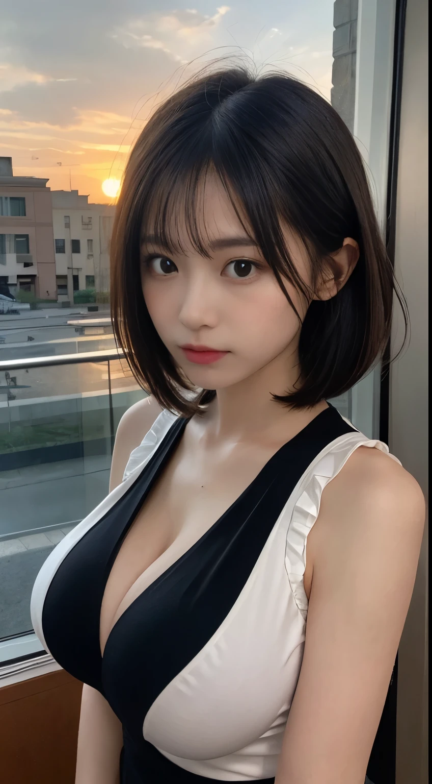 masterpiece, Highest quality, figure, Super detailed, In detail, High resolution, 8k wallpaper, Perfect dynamic composition, Beautiful attention to detail, No tie, Black High , Frilled mini skirt, (Black Hair 1.2), Short Bob Hair, (Huge breasts:1.5), nice pose, sneer, School, 18-year-old girl, nice, (cute:1.3), (Beauty:1.5), sexy shot looking at camera, sunset, By the window, Glancing sideways, Glare, Bad mood, Downer, Cool, boyish, Looks sleepy