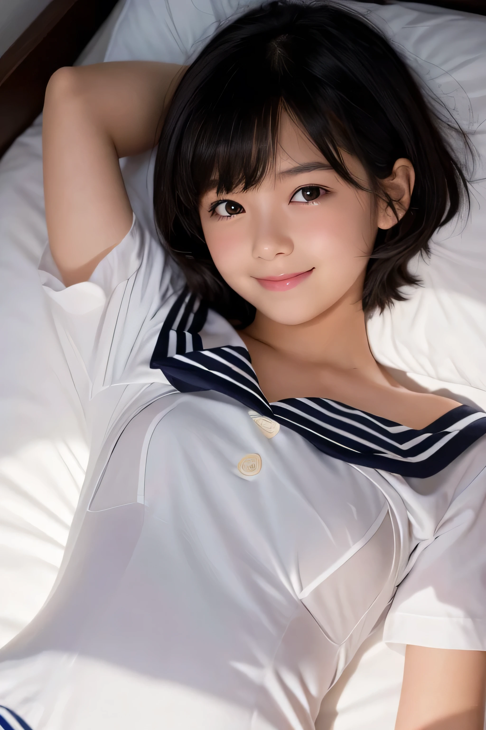 One girl, short hair,Black Hair,smile, summer, room,Night Lighting,Lying on the bed,Pure Innocence,,Look here,front,Close-up of the chest,Small swelling in the chest,Sailor suit,transparent, (masterpiece, Highest quality), Soft Light, Structure of the film, Like a movie