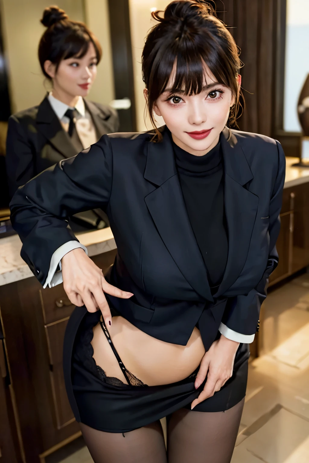 1girl,Solo,view the viewer,Realist,bent over,Black pantyhose,Exposed breasts,big breasts,Blunt bangs,Single hair bun,stand,perky ,Lace panties,love hotel,hand on pussy,cum on pussy,water on ass,big ass,office lady,black jacket,smile,