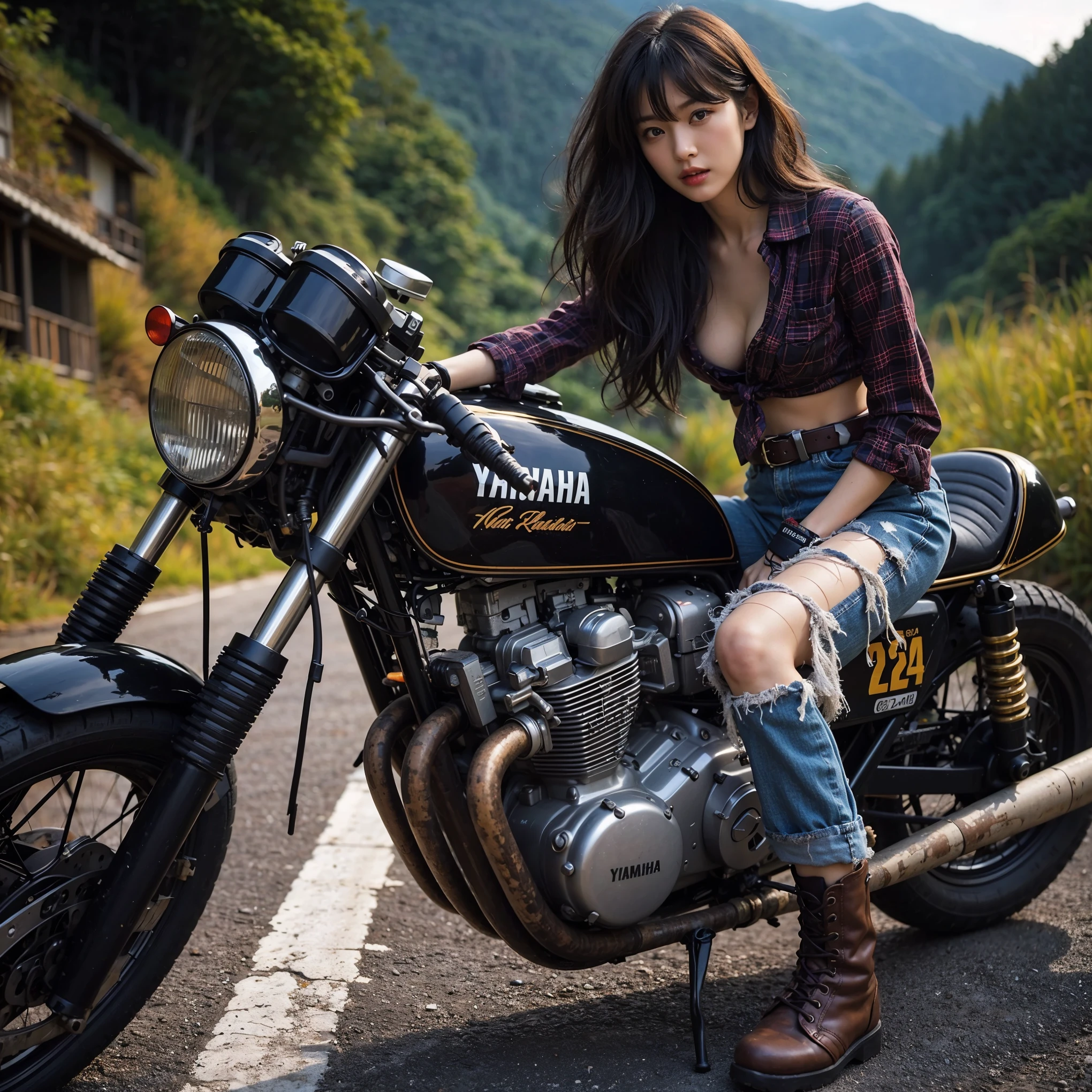 2024s, Neo Cafe Racer, YAMAHA, SR400, beautiful bike, Japanese female, riders wear, beautiful face, torn pants, very intricate details, clean paint job, single road in wilderness, Detail up like a magnifique AI, realistic photo, takenwith Fuji film X-T30+Nokton. HDR10