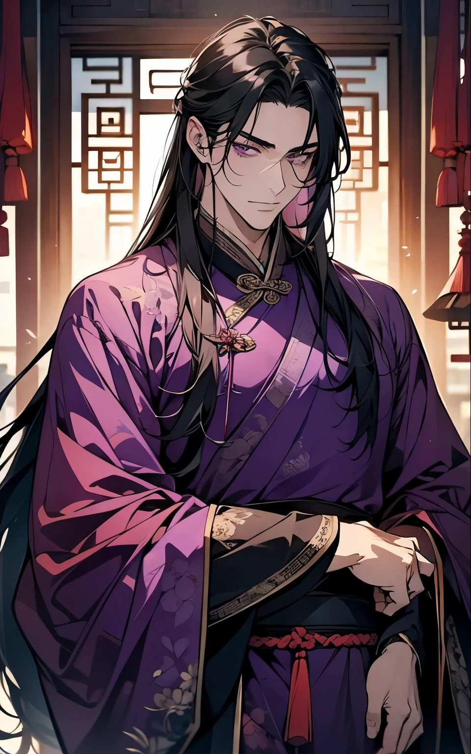 1 middle-aged man, (45 years old), long black hair, violet eyes, purple chinese clothes, purple clothes, purple chinese room