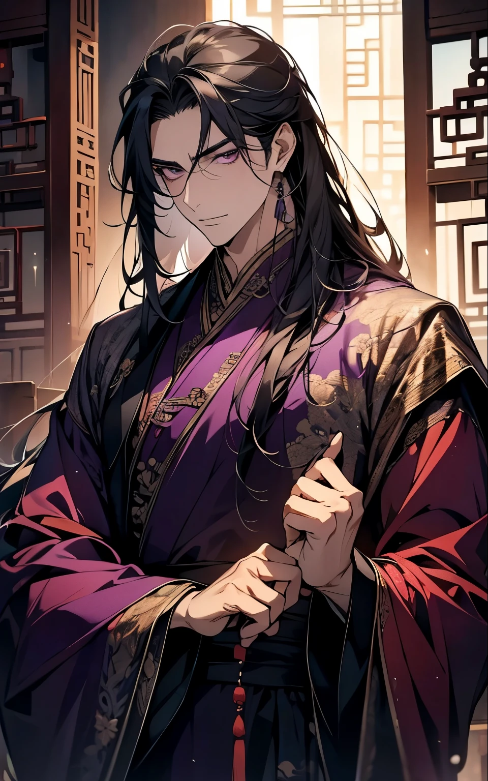 1 middle-aged man, (45 years old), long black hair, violet eyes, purple chinese clothes, purple clothes, purple chinese room