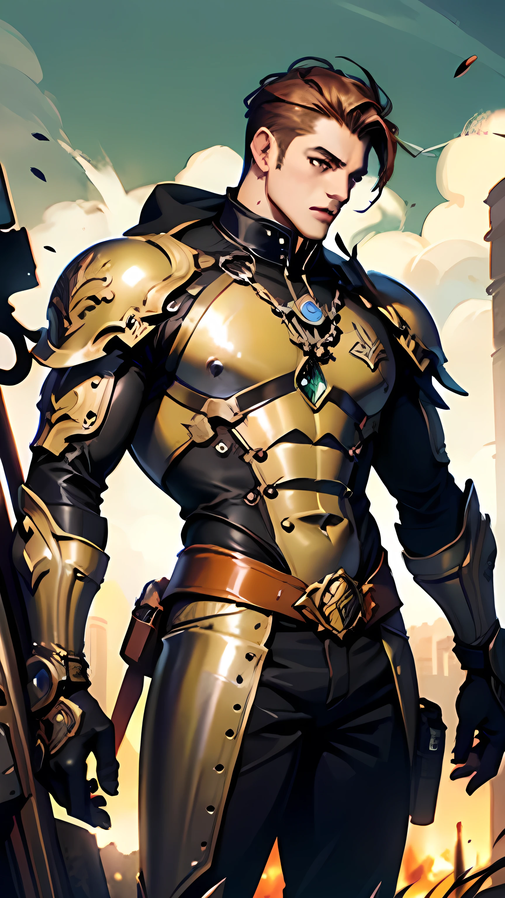 (masterpiece:1.2), best quality, (illustration:1.2), (Extremely detailed), Ultra Detail, (Fine details), (Intricate details), Clear lines, High contrast, rich and colorful, (Photoshop Pastel Painting), (masterpiece), (1 person, Muscular French male:1.2),  Dark brown eyes, Ginger Hair,Prosthetics
(style-rustmagic:1.0)  Solitary, Half Shot, Look away, Detailed background, Delicate face, (Steampunk, Steampunk Theme:1.1), Rust Fighter, Rust armor, black，Polished surface，angled (Rust:1.05), Brown rust, weathered,  Emerald green gemstone decoration,  Completely rusty, mechanical, rust, Expression of perseverance,   Scrap pile in the background, Low light,  dark clouds, movie environment,Half-armored heavy armor