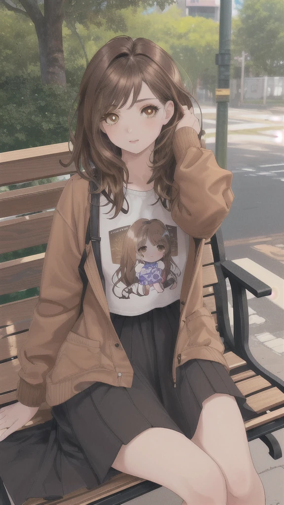 realistic image, coherent image, detailed image, 1girl‚ brown eyes‚ beautiful eyelashes‚ (brown hair)‚ (brown hair curtos), (brown hair curtos e cacheados), (Messy hair)‚ outfit, sitting on a bench, seios grandes, coxas grossas‚ vibrant colors, lineart