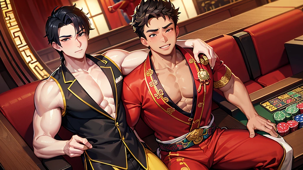 muscular man wearing tight chinese traditional dress and Chinese traditional accessories dress a hole in his big chest. The muscular man hugged an old man in a suit in gambling place and the old man holding the muscular man chest.gay relationship. Chinese architecture, sitting on the sofa. smiling and blushing,juicy butt, juicy chest, plump butt, man only, gay (masterpiece) (high quality)