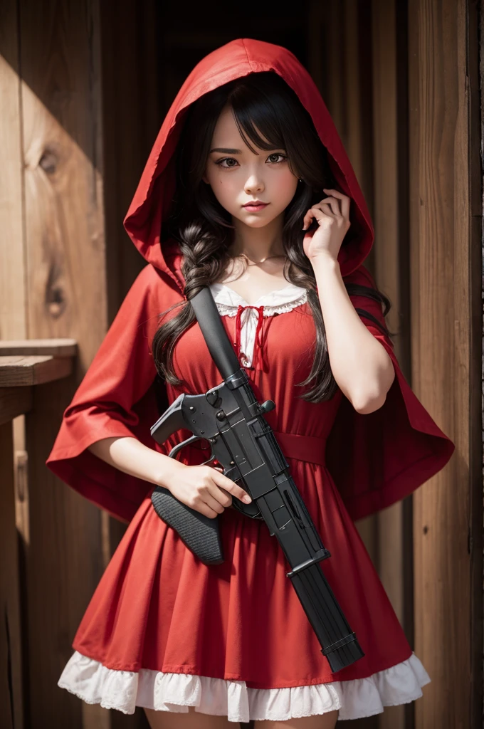 little red riding hood with gun in hand