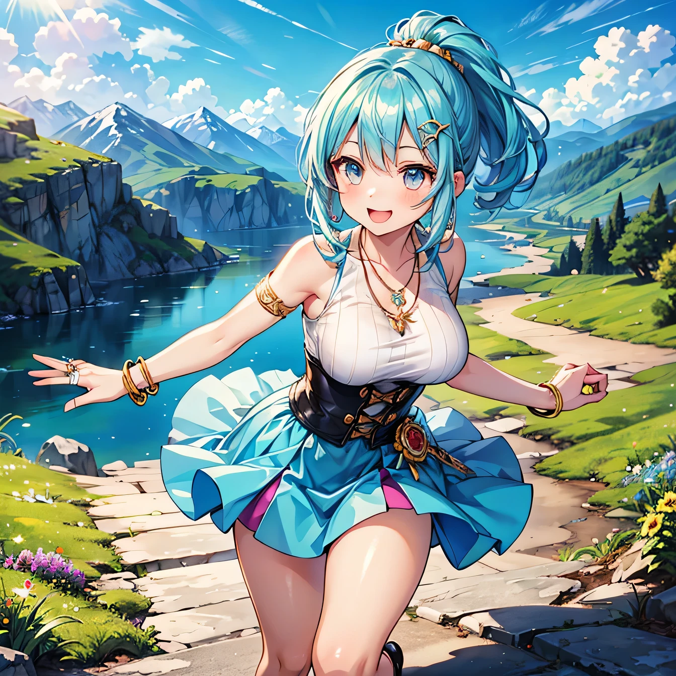 Anime Moe Art Style,Highest quality,High resolution,Anatomically correct,One Girl,Mid-s,Girl with light blue hair in a ponytail,Very detailed,Fantasy-style world,Off-the-shoulder tops,mini skirt,Big Breasts,Rich expressiveness,Laughing with your mouth open,cave,Opening a treasure chest,Detailed drawn eyes,hair ornaments,necklace,bracelet,8k