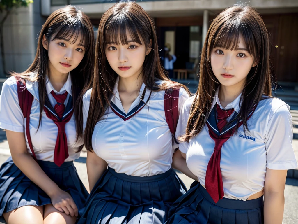 (RAW photo, 4k, masterpiece, high resolution, extremely complex) (realistic: 1.4), cinematic lighting
 ((2 girls, 2 schoolgirls)),Slam Dunk's,blushing,((innocent)),bright eyes,round eyes,blunt bangs,(straight hair:1.3),black hair,large breasts,wide hips,Summer Noon, ,Hot, (Best Quality), (Highres), (an Extremely Delicate and Beautiful),(Beautiful 8k face),(Brown eyes),short bob hair,( spectators),(gigantic breasts),(Play with each other,Touching each other's bodies,Touching the body),(Japanese high school uniform:1.3),blue skirt,(reality),bright lighting,(The background is a luxury hotel room)