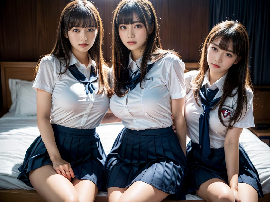 (RAW photo, 4k, masterpiece, high resolution, extremely complex) (realistic: 1.4), cinematic lighting
 ((2 girls, 2 schoolgirls)),Slam Dunk's,blushing,((innocent)),(Dark makeup),bright eyes,round eyes,blunt bangs,(straight hair:1.3),black hair,large breasts,wide hips,Summer Noon, 20 year old girl、cute type、lolita,Hot, (Best Quality), (Highres), (an Extremely Delicate and Beautiful),(Beautiful 8k face),(Brown eyes),short bob hair,( spectators),(gigantic breasts),(Play with each other,Touching each other's bodies,Touching the body),(Japanese high school uniform:1.3),blue skirt,(reality),bright lighting,(The background is a luxury hotel room)