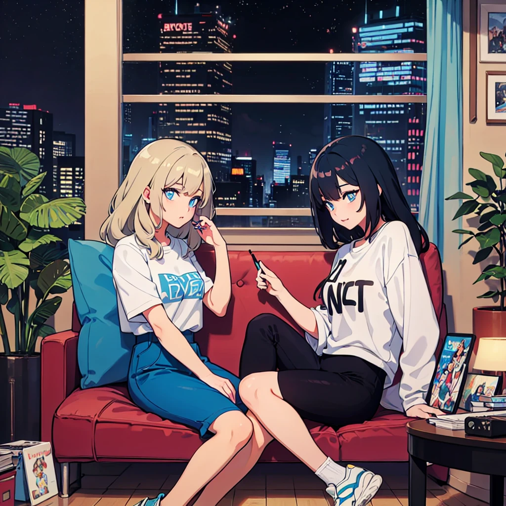 (masterpiece), Highest quality, Expressive eyes, Neon pastel aesthetics, Retro 90s, Neon color,((Girl sitting on sofa,In a cozy room,Records hanging on her wall, Comic books on the floor, Looking out the window behind her at the night city, Upholstered room, Anime figures lined up on a shelf)), Wearing headphones, (All around her it sparkles), (wearing thick colorful sneakers), (blue eyes), (Soft look), (Synthwave Art Style), Colorful Hair, Desk with PC set up