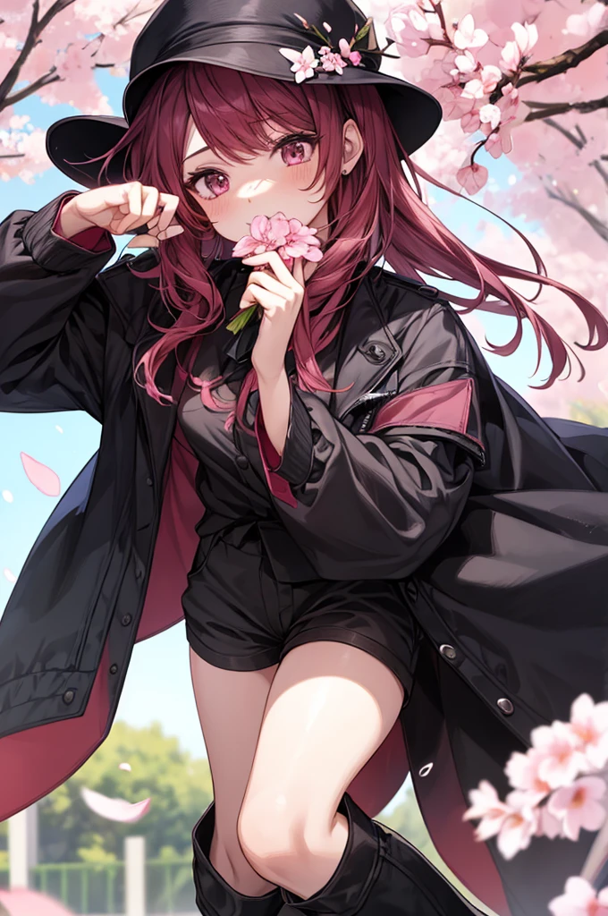 1girl, holding up a flower over her mouth, black pink hair ombre, park with cherry blossom background, black outfit, short pants