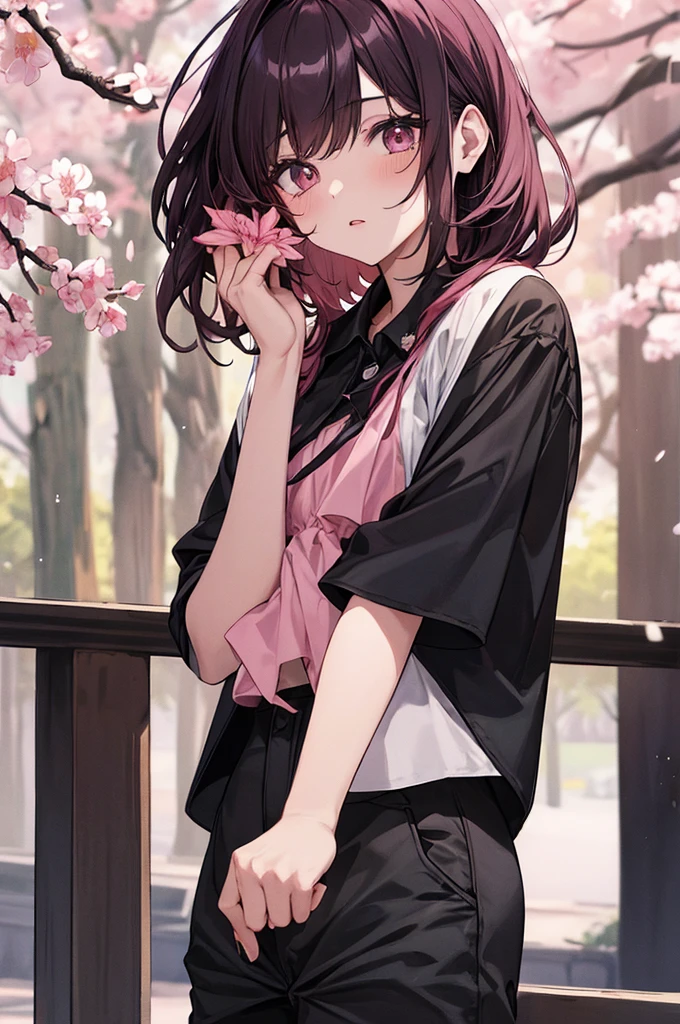 1girl, holding up a flower over her mouth, black pink hair ombre, park with cherry blossom background, black outfit, short pants