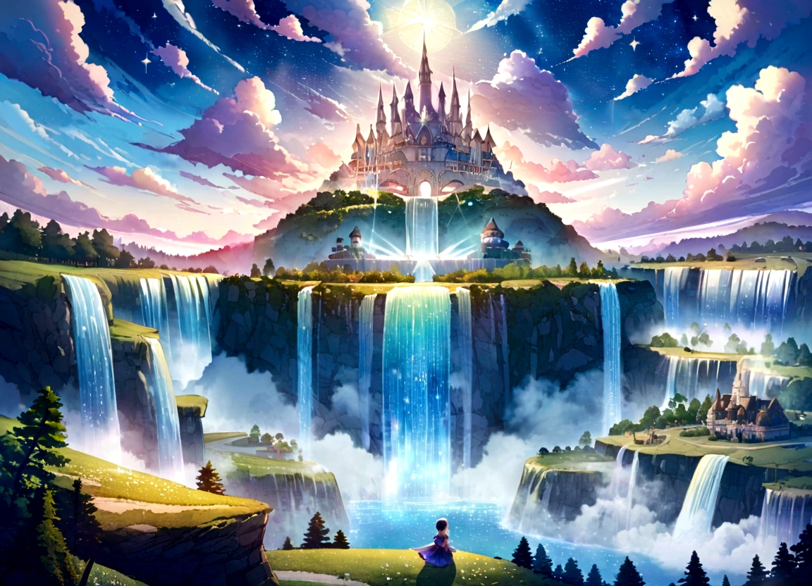 Heaven & a landscape ilustration: castle on the hill made from diamonds and silvers, adorned cloud, beautiful skies, magical shine, waterfall, flowing waterfalls, sparkling light stars, flying fairy angels at the sky, magical fog, a magical places, dream world, adorable