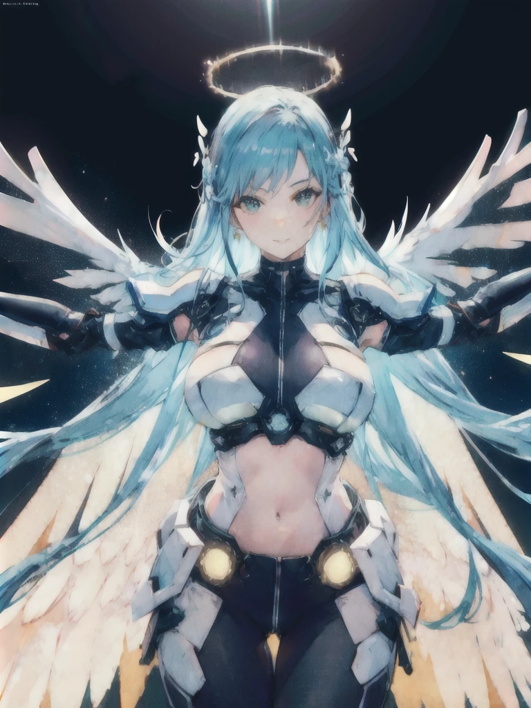 A beautiful detailed angel girl with long flowing blue hair and large blue eyes, sexy, seductive, wearing futuristic crop top body armor, mechanical wings, a black trimmed exoskeleton, flying in a futuristic white city with a clear blue visor covering the eyes, intricate details, perfect anatomy, shadows, depth of field, volumetric light, luminescent mechanical halo, embossing decoration, beautiful night sky, body facing viewer, spreading position, legs apart, open arms,(best quality,4k,8k,highres,masterpiece:1.2),ultra-detailed,(realistic,photorealistic,photo-realistic:1.37),detailed eyes,detailed lips,extremely detailed eyes and face,long eyelashes,cinematic lighting,dramatic lighting,vibrant colors,hyper detailed,sharp focus,intricate details,volumetric lighting,glowing mechanical halo,intricate mechanical exoskeleton,futuristic technology,cyberpunk,digital art,concept art