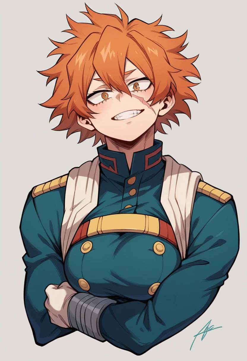 a girl with orange hair and her left eye is blue and her right eye is green with freckles all over her body and a scar on her lips and the girl is created with the drawing style of the anime boku no hero and the uniform of UA academia from the anime my hero academia