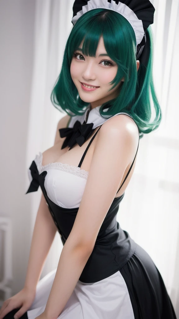 masterpiece, 8k, arafed image of a woman in a maid costume with green hair, RAW photo, goddess, seductive girl, smile, photo quality, extremely detailed artgerm, beautiful alluring woman, style artgerm, artgerm on artstation pixiv, artgerm lau, like artgerm, range murata and artgerm, artgerm style, girl cosplay