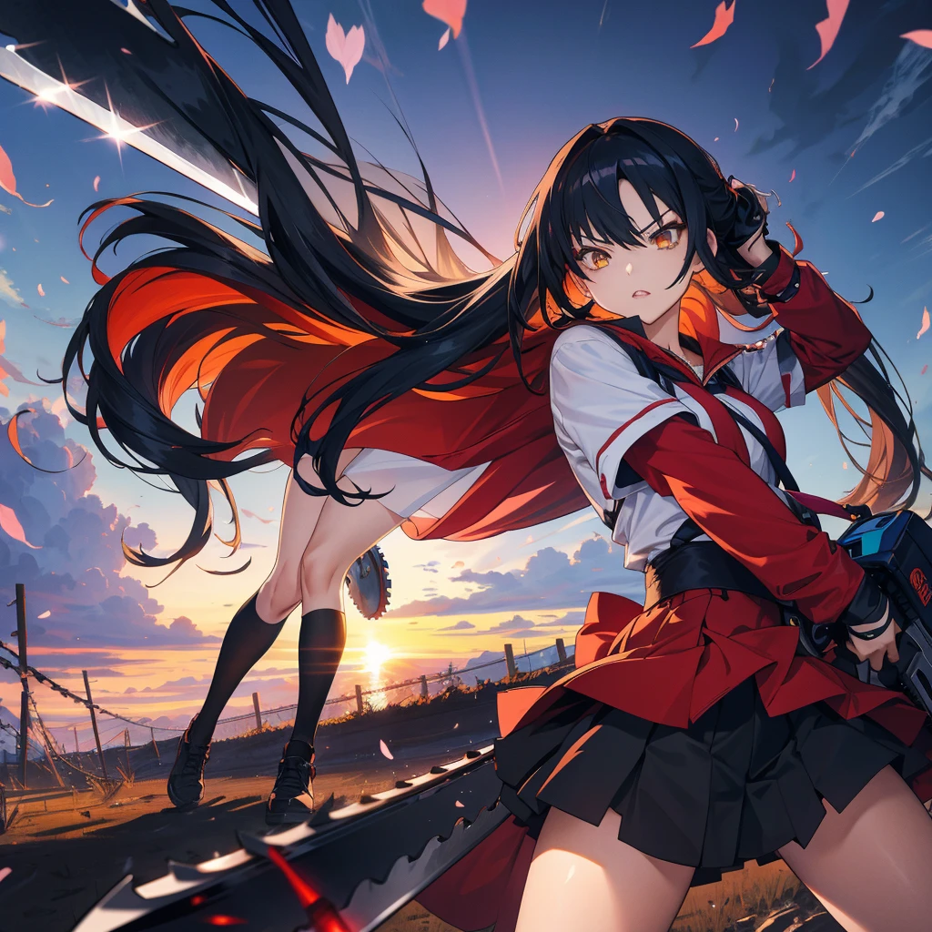 One girl,Chainsaw Sunrise Stance, (Have a weapon:1.3),whole body,Long black hair,,cherry blossoms, Zoom out,Wide Shot, (masterpiece, Highest quality),Dynamic composition、[17277fbe68],((Perspective Lens, Woman with long hair, Dynamic poses with serious and mean expressions, Hold a big, long chainsaw with both hands )) ((Pure azure color background:1.2)),Anime Style、detailedな目、Looks like she&#39;s in her early 20s,Shooting in mid-motion,With her long braided hair fluttering. Her outfit is reminiscent of a butterfly,Black and yellow color palette,Be playful.,Great impact、Super huge、detailed、