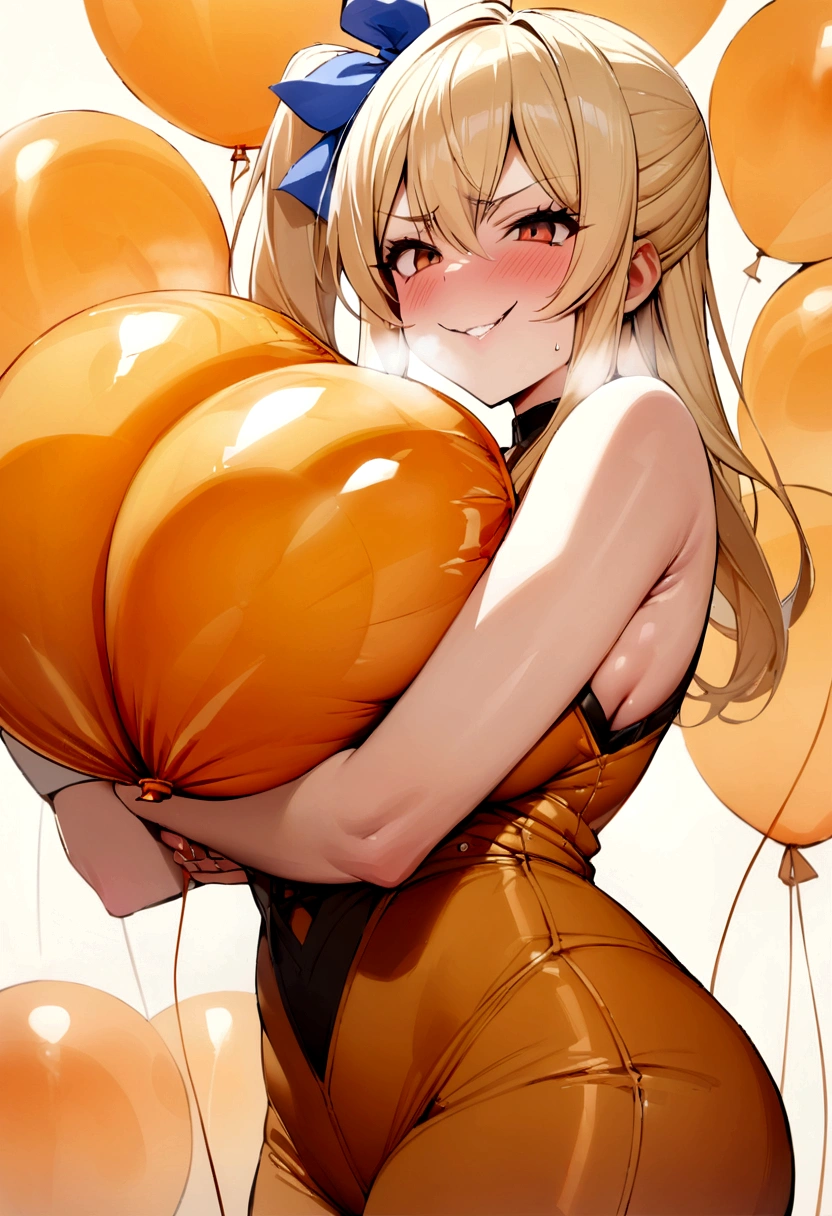 masterpiece, best quality, large breasts, lucy heartfilia, solo, blonde hair, brown eyes, long hair, side ponytail, bare shoulders, sleeveless, hair ribbon, evil smile, blush, breath. Blowing up an orange balloon (large balloon, looner)