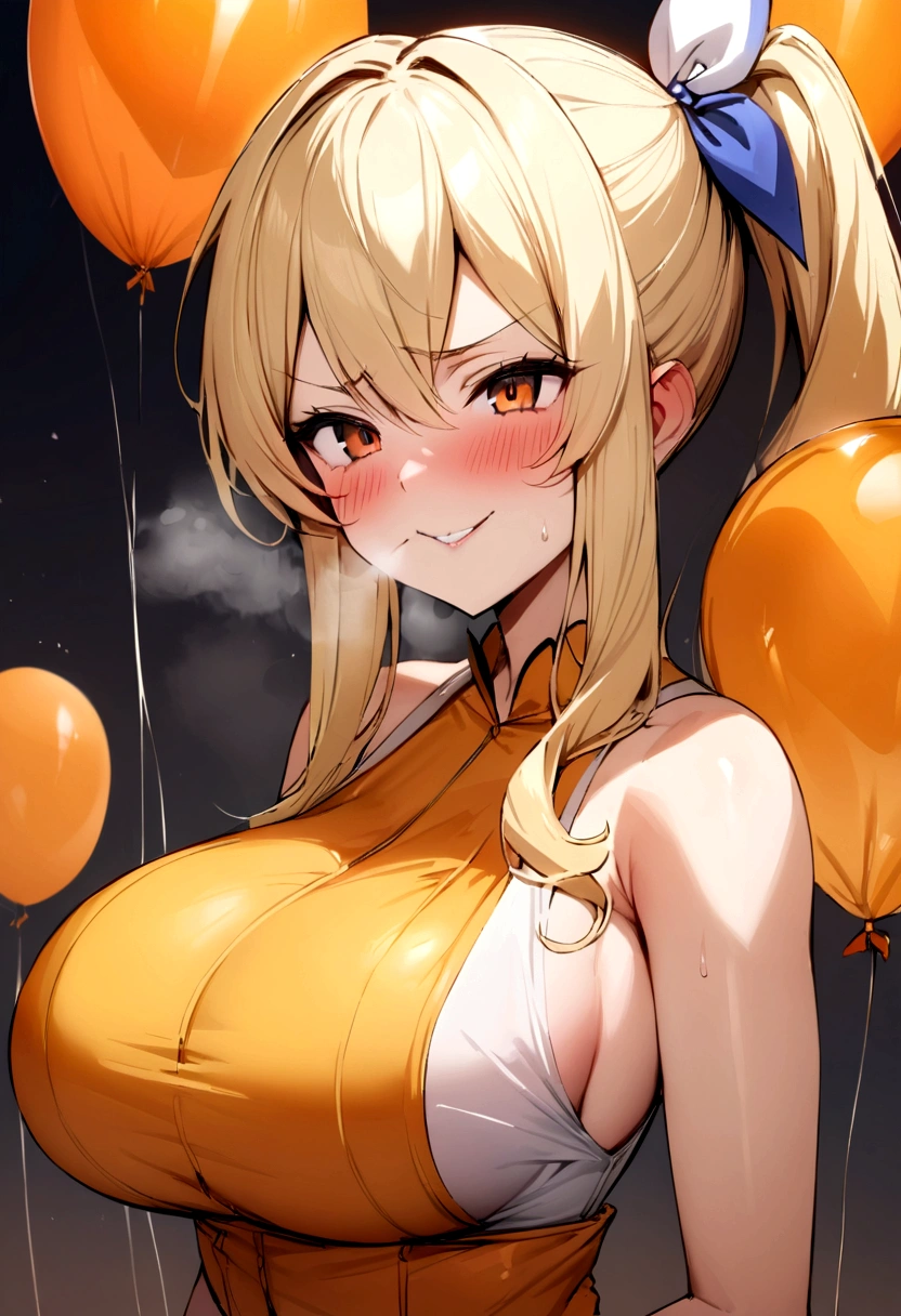 masterpiece, best quality, large breasts, lucy heartfilia, solo, blonde hair, brown eyes, long hair, side ponytail, bare shoulders, sleeveless, hair ribbon, evil smile, blush, breath. Blowing up an orange balloon (large balloon, looner)
