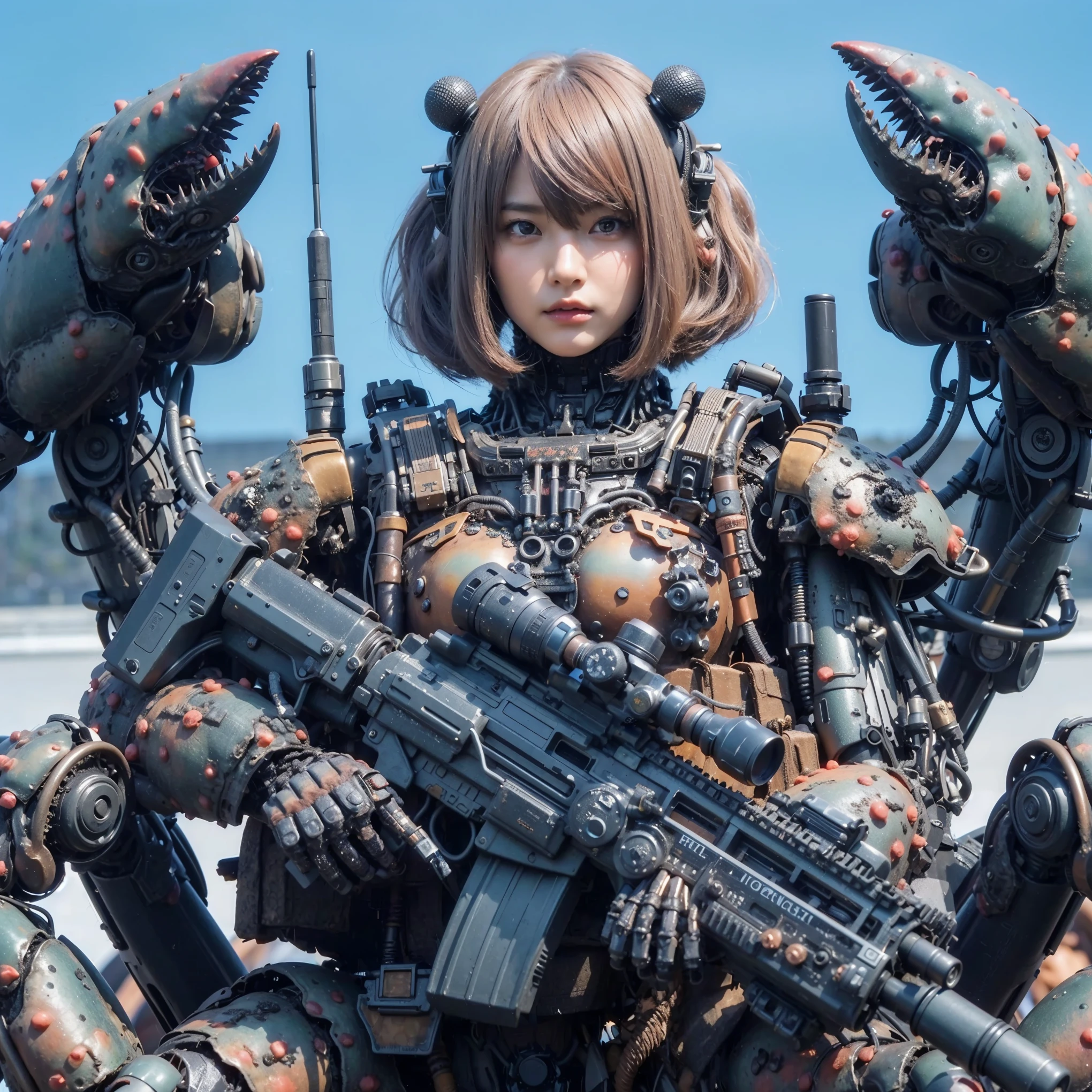 superrealism, ultra high res,8k,(Photorealsitic:1.4), (crab-like mechanical suit:1.2), designed by Hajime Katoki,heavy weapons,vivid textures,animal legs, gradation hair, japanese female soldier,(ultra beautiful face),((super realistic all textures)), ((super intricate all details)), Realistic detail enhancement like Magnific AI, full body shot, ultra sharp photo result, Acrylic Clear Cover, Hydraulic cylinder, style, taken with Fuji film X-T30+Nokton. HDR10,Minimum of 4 pieces created