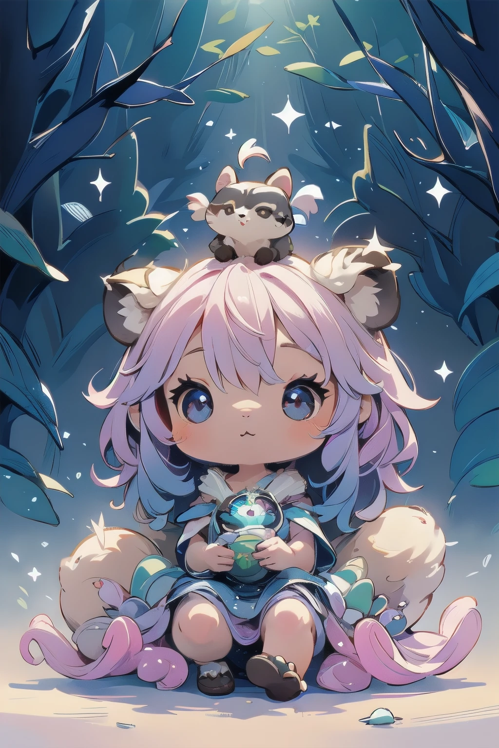 Cute raccoon in a surreal, dreamy fantasy scene、Detailed digital illustration、8K、Very detailed、Very realistic、Photorealistic、Bright colors、Dramatic lighting、Intricate details、Whimsical、magical realism、Soft pastel tones、Shine、Ethereal、Mysterious、Mysterious、Imaginative、Conceptual