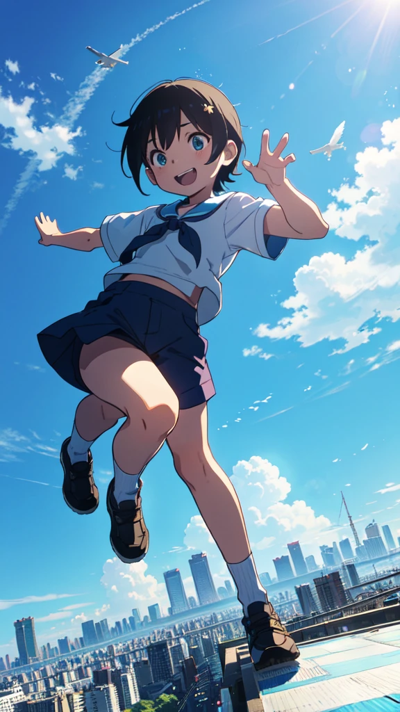 Summer in Tokyo, little monster and ??? in shorts flying over blue sky, mysterious world, dynamic pose, happy expression, looking down from the sky