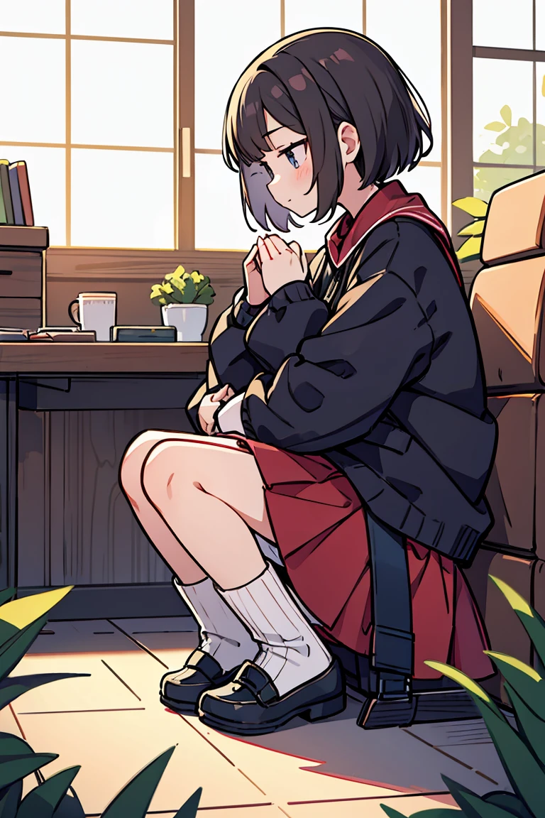 solo, girl ,pray, fullbody, short hair, looking away,