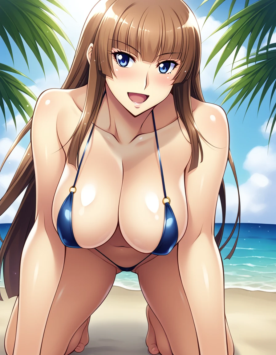 score_9, score_8_up, score_7_up, masterpiece, best quality, source_anime, aoi_nagisa_\(metalder\), BREAK solo, 1girl, koukawa asuka, brown hair, long hair, blue eyes, bangs, large , slingshot swimsuit, shiny skin, BREAK smile, blush, open mouth, all fours, outside, beach, sunlight,