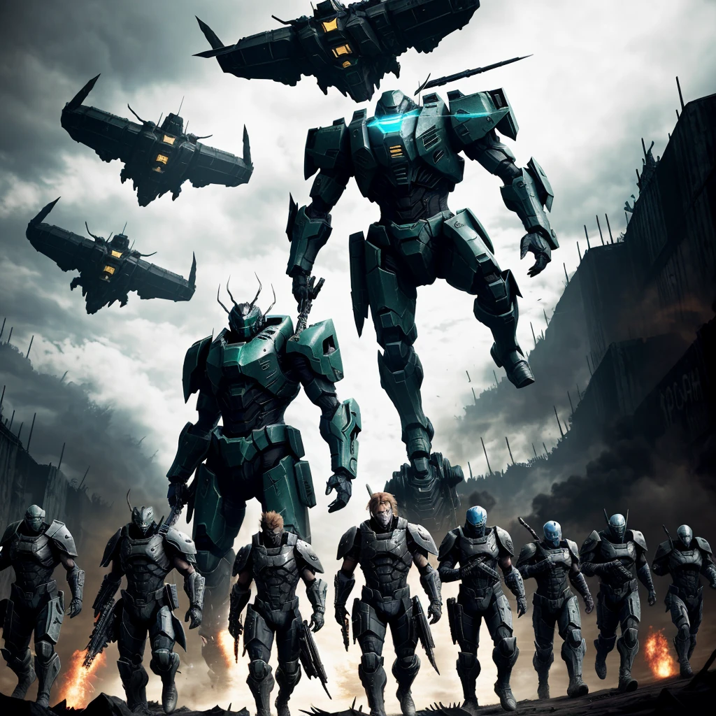 A lone figure (with shadows flowing behind them with detailess dark figures pushing the back of them)) weilding murasama (metal gear rising revengence)stands preparing their attack on a legion of foes deemed too dangerous to be left alive. They consist of the destroyer (borderlands 1) handsome jack (borderlands 2) wilhelm (borderlands 2) bunker (borderlands 2) and Saturn (borderlands 2), the bosses from metal gear rising revengence, the entire covenant armada overhead (halo series) ground troops from halo consisting of wraith ghots scarab seraphs specters banshees hunters grunts elites drones Jackie's skirmishers and brutes. The mutants from (the forest and sons of the forest) leading the charge of all the terraria bosses (including the calamity mod bosses), scp 682, 096 173 049 and 939 (scp containment breach) charging forward with the hords of hell from (doom 2016