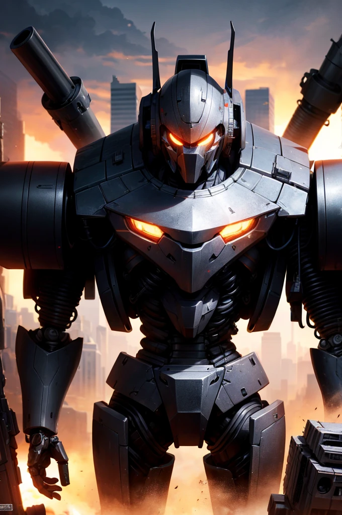 a extreme detailed and complex mech robot in a futuristic city, armed with an impressive cannon and other advanced weaponry, ultra-realistic 8k resolution, masterpiece quality, intricate mechanical design, glowing energy effects, dramatic lighting, cinematic composition,armor, red steel
