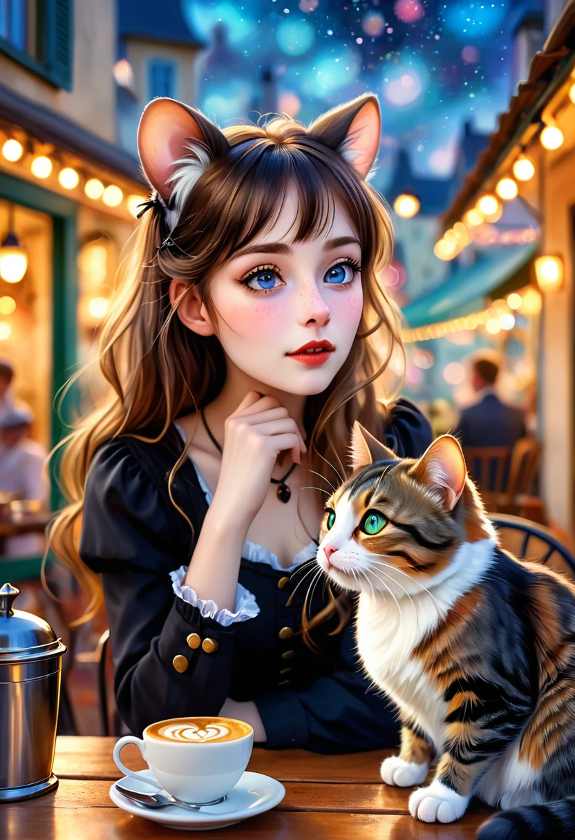 Renoir style , Hallucination, daydream , nightmare , Insane Dream , bokeh , romance , realistic mouse girl and realistic cat man , realistic nose , cafe terrace