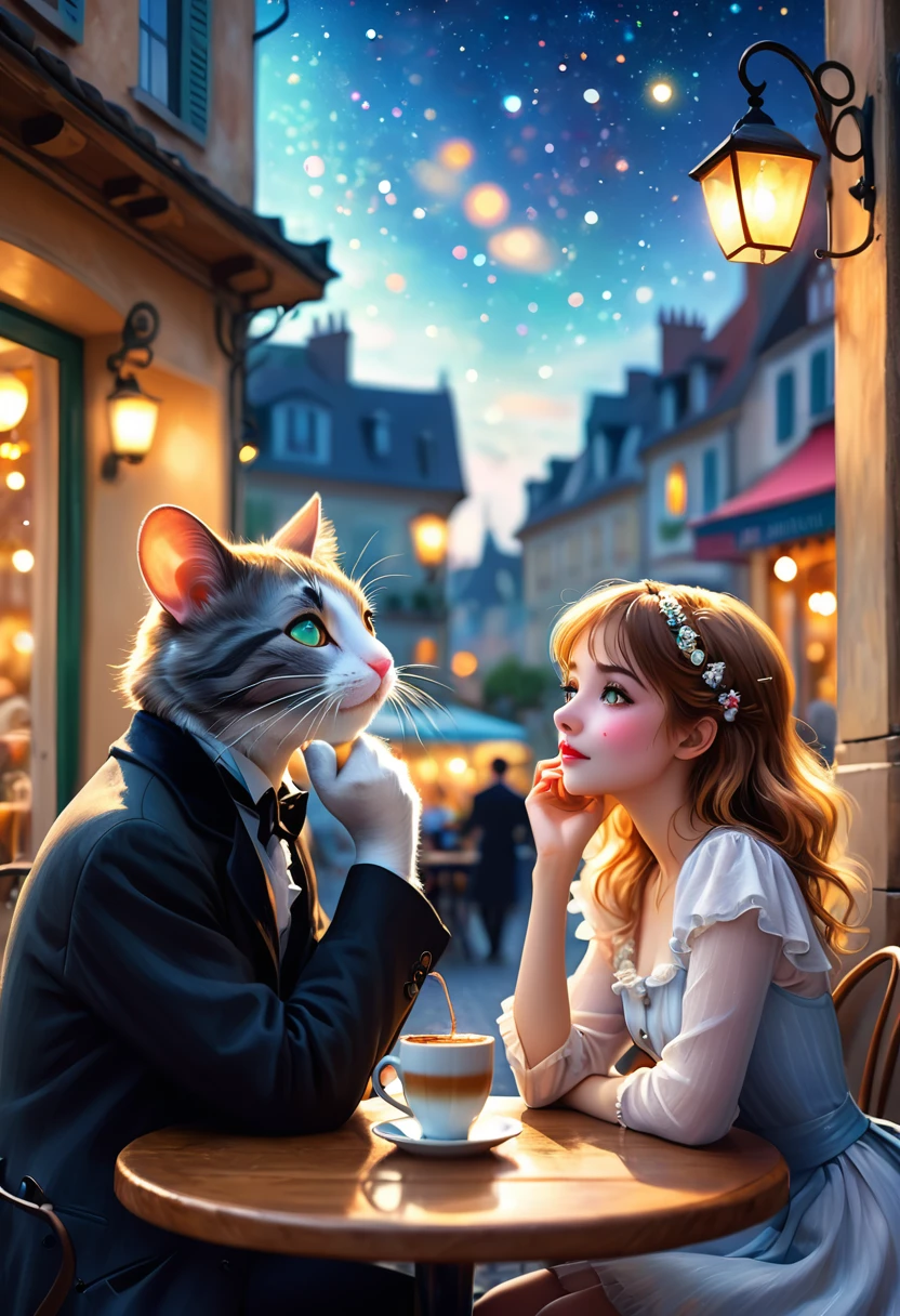 Renoir style , Hallucination, daydream , nightmare , Insane Dream , bokeh , romance , realistic mouse girl and realistic cat man , realistic nose , cafe terrace