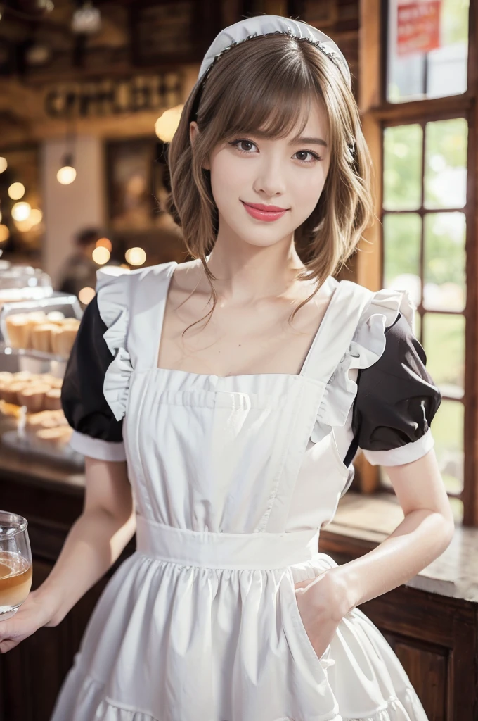 (((best quality))),(((ultra detailed))),(((masterpiece))),illustration,1girl,maid cafe,stunningly beautiful,slim,medium straight bob hair,flat chest,deep captivating eyes,maid costume,see through lace apron,short hemline,bare arms,arms behind back,thighs,slender legs,pantyhose,graceful movements,confident charm,warm genuine smile,France cafe,delicious coffee pastries,warm inviting atmosphere,joyful eyes,Coffee Machine,upper body