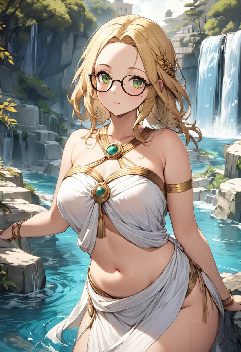 chubby girl, Blonde with green eyes, medium length hair, open forehead, round facial features, glasses with black square frames
Greek goddess, Greek style of dress, ancient Greece,sexy, bare breasts, bare hips
water, waterfall, antiquity