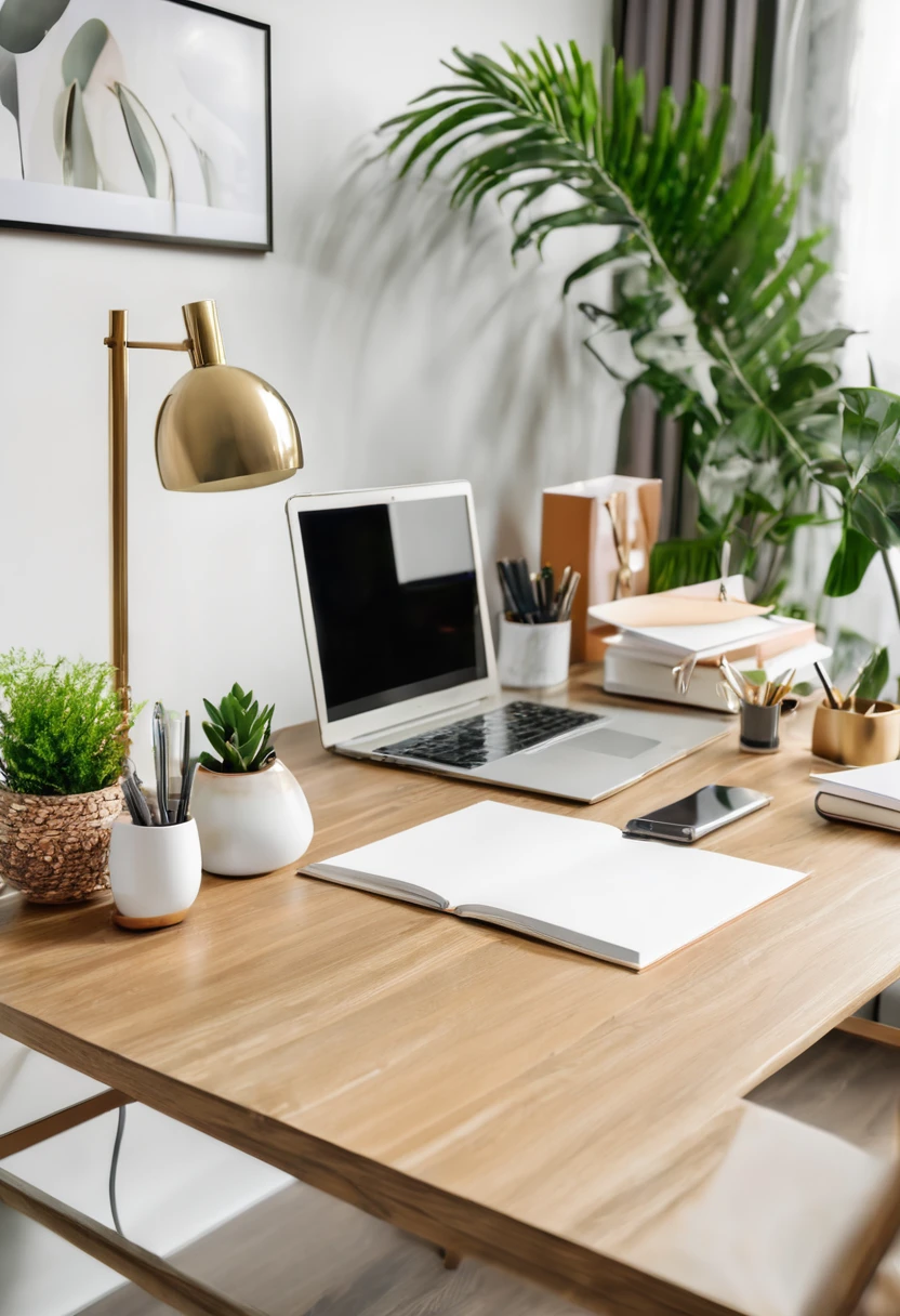 The desk of a beautiful office, there are stylish items on the table 