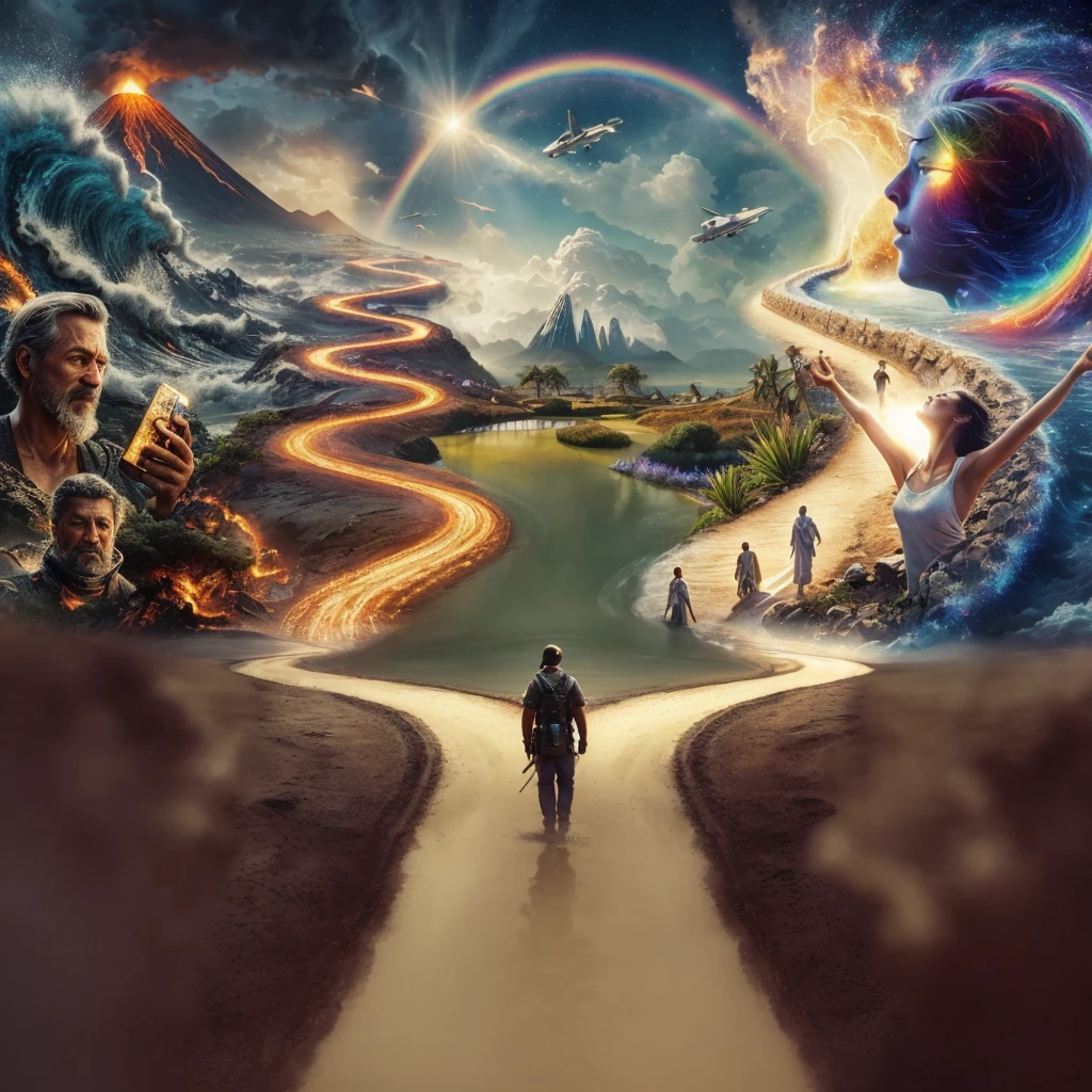 Very real image. There are two paths, one that leads you to destruction where there are volcanoes erupting, earthquakes, tidal waves, poor people. Another path that takes you to spirituality, to happiness, to goodness, to the connection with nature, both paths lead to paradise. Photorealism, full view, very detailed image, very realistic, hyperrealism, Ultra HD, 8k, 5, sharp focus, intricate and mysterious masterpiece. (Long exposure photography Highly detailed close-up portrait art illustration: final quality, medium shot, backlit, rich and striking. Enigmatic and mysterious manipulations (rule of thirds composition), ((detailed environment with strong lines) The best quality, in camera, white light, warm and clean aesthetics, dazzling screen composed of millions of bright ultraviolet rays, HDR.