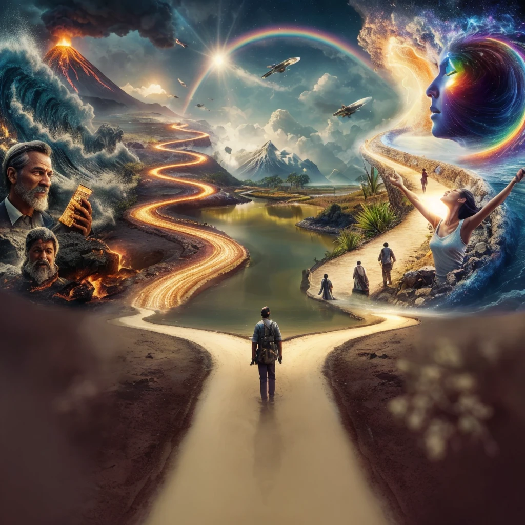 Very real image. There are two paths, one that leads you to destruction where there are volcanoes erupting, earthquakes, tidal waves, poor people. Another path that takes you to spirituality, to happiness, to goodness, to the connection with nature, both paths lead to paradise. Photorealism, full view, very detailed image, very realistic, hyperrealism, Ultra HD, 8k, 5, sharp focus, intricate and mysterious masterpiece. (Long exposure photography Highly detailed close-up portrait art illustration: final quality, medium shot, backlit, rich and striking. Enigmatic and mysterious manipulations (rule of thirds composition), ((detailed environment with strong lines) The best quality, in camera, white light, warm and clean aesthetics, dazzling screen composed of millions of bright ultraviolet rays, HDR.