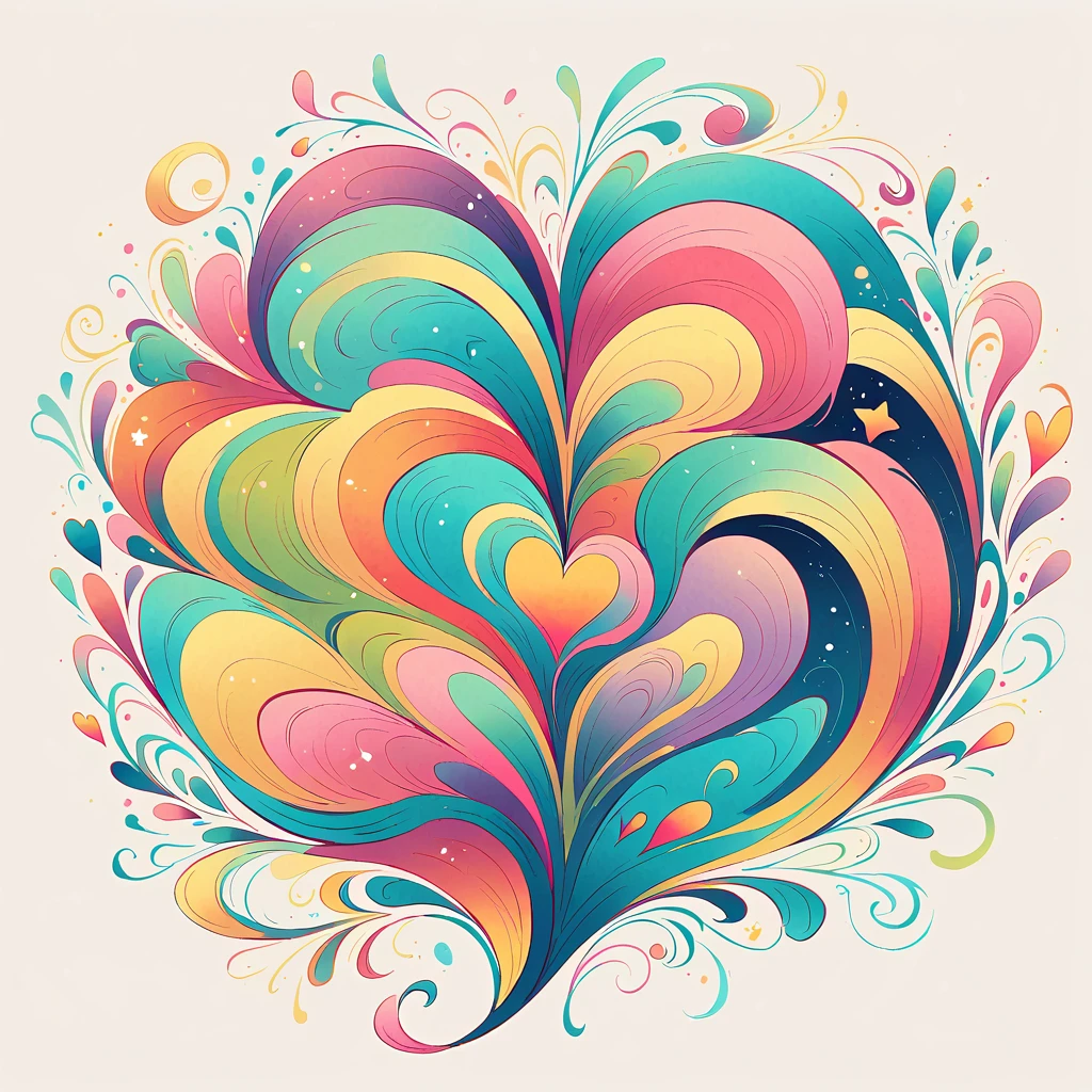 Kei Mochizuki style, Simple Line Initialism,Abstract art,Urban Background, colorful hearts ,No people