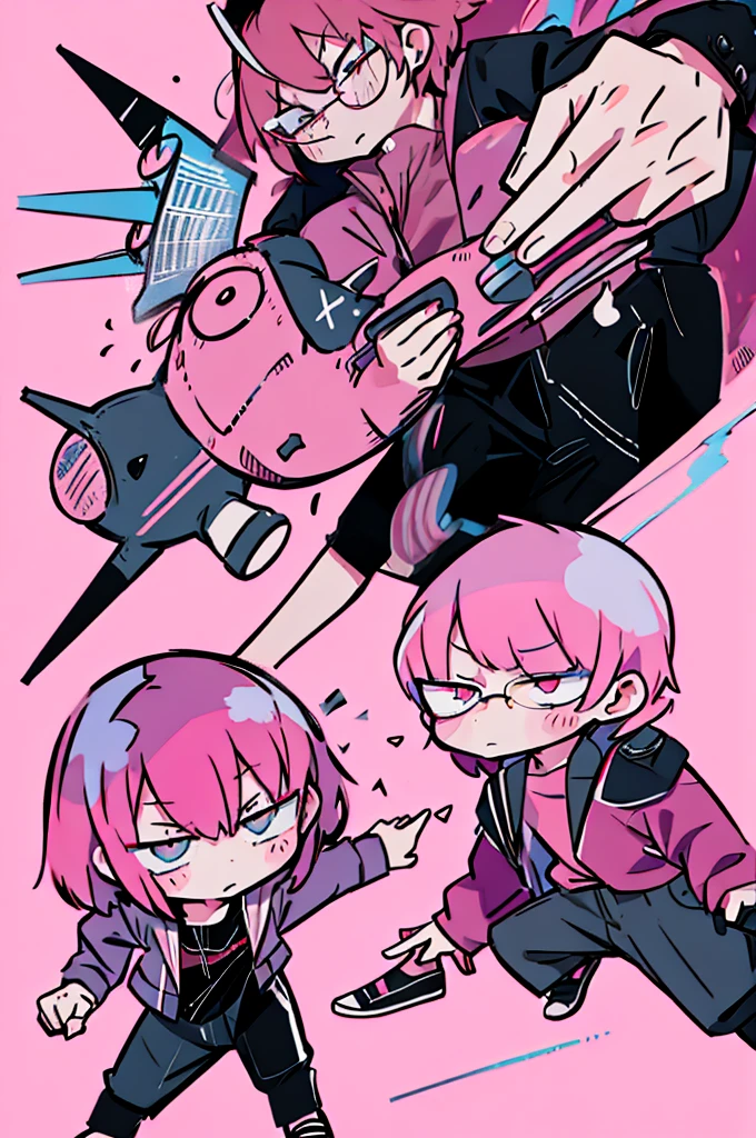 pink hair, male, 1boy, short hair,  <lora:CH4NGE:1> ch4nge, megaphone, crossed legs,