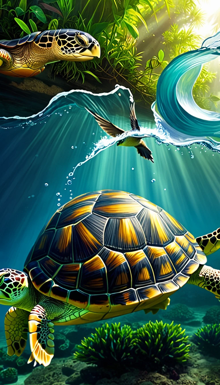 There are many magical turtles living at the bottom of the river，Turtle-like body，But with a bird&#39;s head and a snake&#39;s tail，Mysterious Creatures, shrike, (best quality，4K，8K，High level，masterpiece：1.2），Ultra Detailed，（lifelike，Photo real，Photo real：1.37），Highly detailed animals，Complex patterns，Dramatic lighting，Fantasy Creatures