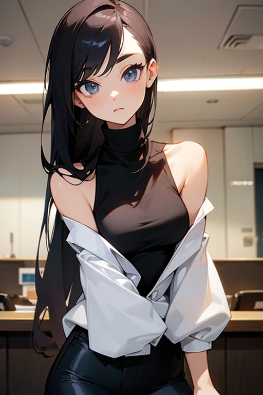 (8K、Top image quality、top-quality、masterpiece)、1 girl in、((Black hair twintails))、light blue eyes、piercings、Show your fangs and laugh、large full breasts、((white turtleneck sweater))、((black pantyhose))、Put your hands on your hips、Black shoulder bag、cowboy shot、Taken from above、Downtown background at night