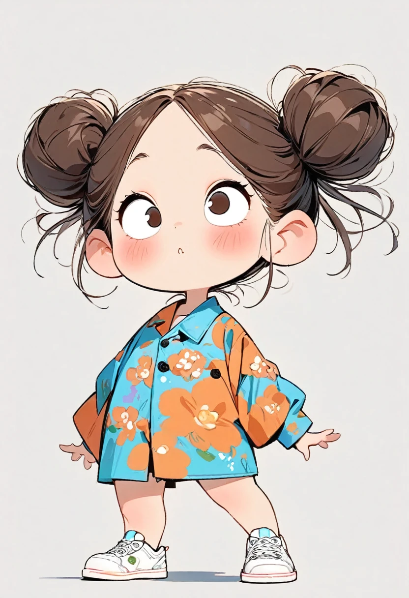 (masterpiece, highest quality:1.2), Cartoon style character design。Pure white background，1 girl, alone，Big eyes，Cute expression，Two buns hair，Floral Shirt，Work clothes，White sneakers，stand，interesting，interesting，Clean Lines，Solid color background，Vibrant colors ，exceptionally high detail