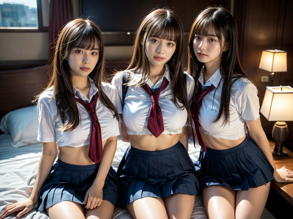 (RAW photo, 4k, masterpiece, high resolution, extremely complex) (realistic: 1.4), cinematic lighting
 ((2 girls, 2 schoolgirls)),Slam Dunk's,blushing,((innocent)),bright eyes,round eyes,blunt bangs,(straight hair:1.3),black hair,large breasts,wide hips,Summer Noon, ,Hot, (Best Quality), (Highres), (an Extremely Delicate and Beautiful),(Beautiful 8k face),(Brown eyes),short bob hair,( spectators),(gigantic breasts),(Play with each other,Touching each other's bodies,Touching the body),(Japanese high school uniform:1.3),blue skirt,(reality),bright lighting,(The background is a luxury hotel room)