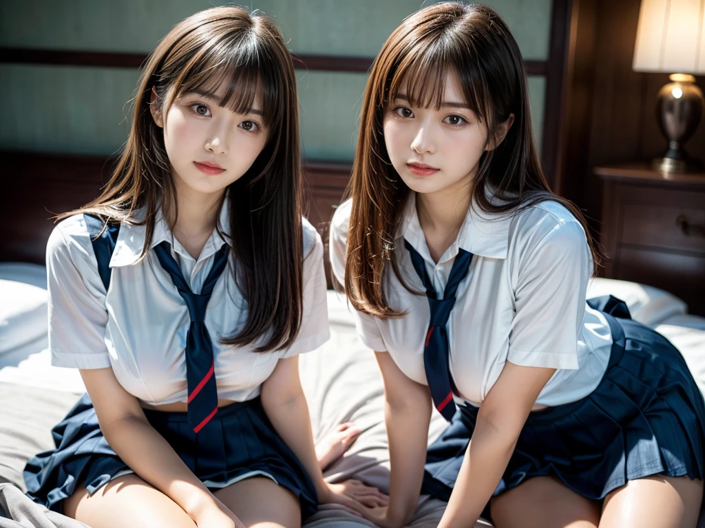 (RAW photo, 4k, masterpiece, high resolution, extremely complex) (realistic: 1.4), cinematic lighting
 ((2 girls, 2 schoolgirls)),Slam Dunk's,blushing,((innocent)),bright eyes,round eyes,blunt bangs,(straight hair:1.3),black hair,large breasts,wide hips,Summer Noon, ,Hot, (Best Quality), (Highres), (an Extremely Delicate and Beautiful),(Beautiful 8k face),(Brown eyes),short bob hair,( spectators),(gigantic breasts),(Play with each other,Touching each other's bodies,Touching the body),(Japanese high school uniform:1.3),blue skirt,(reality),bright lighting,(The background is a luxury hotel room)