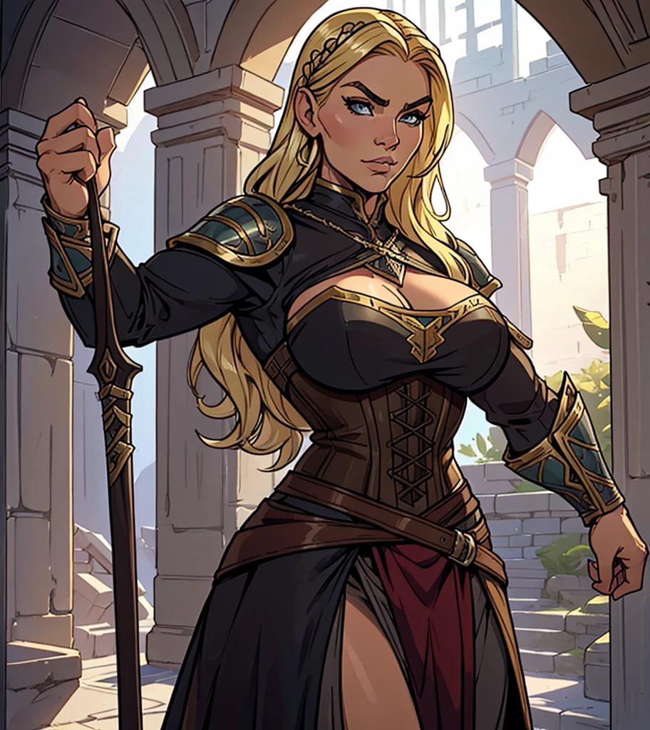 (centered, upper body, 1girl, woman, smirk,  looking at viewer:1.1), (wide shot:1.4), (((SFW image.))) (((Lusty smirk.)))  Dark and eerie dungeon n background.  Sexy female fantasy character with  blonde hair in braids, wearing dark clothes.  She is a bandit wearing brown and black medieval fantasy attire.  She looks sexy, dangerous and rugged.  Nice muscles, nice breasts.  Confident and imposing.  , gorgeous face, sexy mouth, Dungeons & Dragons character portrait, intricate details, ultra detailed,  ultra detailed clothes,, epic masterpiece, ultra detailed, intricate details,  award winning, fantasy art concept masterpiece, trending on Artstation, digital art, unreal engine, 8k, ultra HD, centered image masterpiece:1.2, photorealistic:1.2, girl focus, volumetric lighting, glossy skin, shiny skin, 