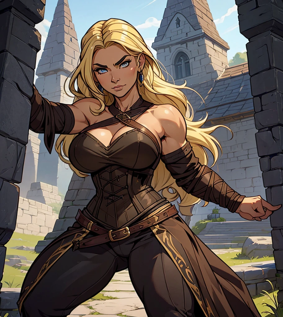 (((Solo character image.))) (((Generate a single character image.)))  (((Dressed in medieval fantasy attire.)))  (((Dressed in medieval fantasy attire.))) Create a captivating and enigmatic female warrior reminiscent of glamor models Anastasia Kvitko and Louisa Khovanski. This character is renowned for her remarkable 112-63-118 figure. She exudes an air of elegance and mystery.  (((Sultry blonde hair.))) (((Perfect body.))) 
Imagine a thrilling female adventurer in a high-fantasy setting, akin to a swashbuckler. We need a single character portrait with intricate details, wearing fantasy attire. She should be adorned in leather armor and a tight corset, exuding a shadowy and athletic demeanor.
Her body is agile and toned, like that of a gymnast, and she strikes an action pose. She is clad in medieval clothing, and her arched eyebrows give her a sassy and attractive appearance. Her face is strikingly gorgeous, with a sneaky and sly expression in her evil glare.
Her hair is both very sexy and alluring, cascading in intricate waves. She possesses firm breasts and an air of arrogance. Her body is beautifully detailed and realistic.
The artwork should be hyper-detailed and worthy of trending on platforms like ArtStation. This is a character portrait designed for use in Dungeons & Dragons, Pathfinder, Skyrim, Lord of the Rings, Game of Thrones, or similar high-fantasy settings. Please ensure the image is centered and presented in ultra HD quality, possibly 8k resolution, with an epic masterpiece level of detail.